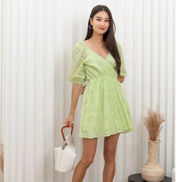 Zara Openwork Embroidery Eyelet Puff Sleeve Wrap Dress Size XS - Picture 1 of 11